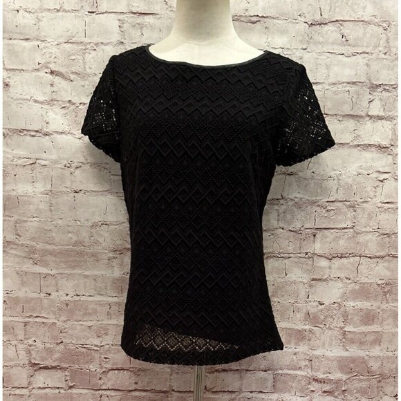 Talbots Short Sleeve Blouse Top Crochet Lace Black Faux Leather Trim Size 6 NEW - Picture 1 of 6